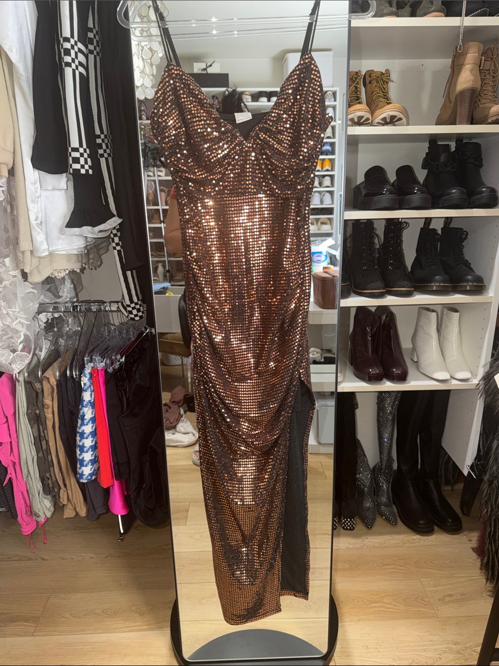 Hello Molly Bronze Sequin V-Neck Spaghetti Strap Maxi Dress - Picture 2 of 2